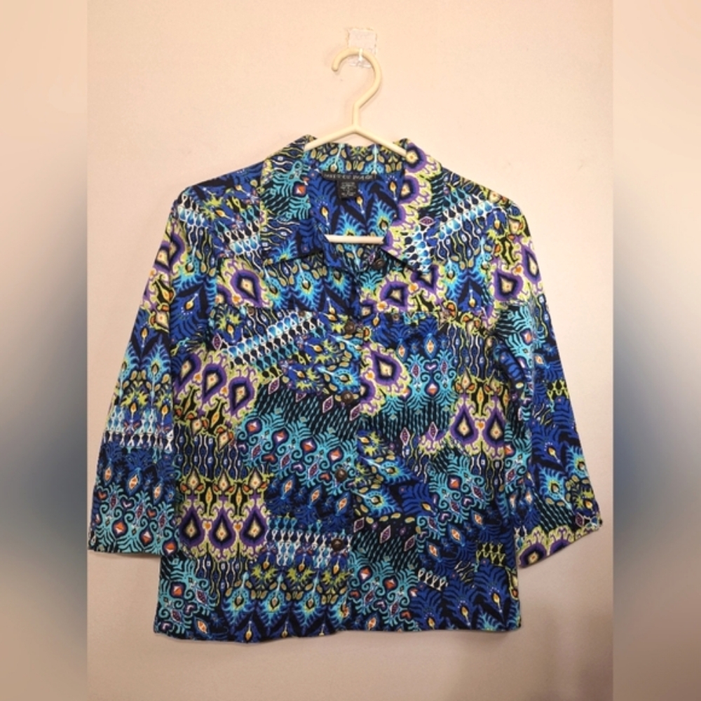 VINTAGE 90s Mirror Image S cotton 3/4 sleeve button-up peacock print jacket